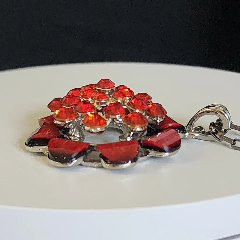 Red Glass and Crystal Flower Pendant Necklace and Matching Flower Earrings Set